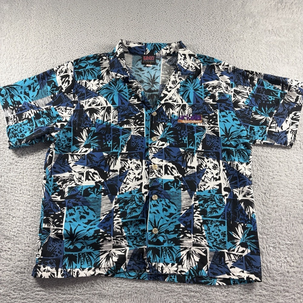 VINTAGE Krazy Klothes‎ Shirt Mens XL AOP Blue Floral Hawaiian Made in USA